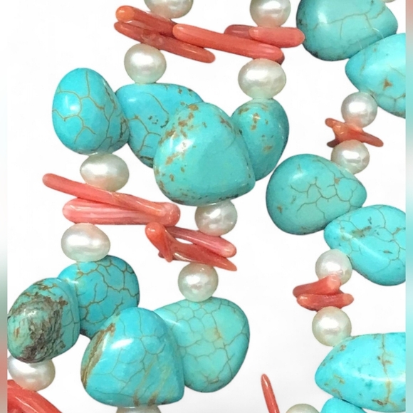 16" Turquoise, Coral & Pearl necklace on 925 Sterling Silver - Picture 6 of 8